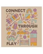 Play Spark Connect Through Play Tee featuring a playful, colorful design of toys and shapes on a beige background. The graphic includes a xylophone, rainbow, dinosaur, and more, promoting creativity in a fun aesthetic.