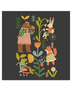 Play Spark We Grow Together Boxy Tee featuring a whimsical design of animals, including a bear, rabbit, and fox in a garden, with flowers and plants against a dark background. The tee showcases vibrant colors and playful illustrations.