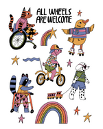 Illustrations of animals using different mobility aids with 'All Wheels Are Welcome' text.