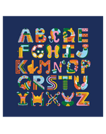 Play Spark Accessible ABCs Long Sleeve shirt featuring colorful, stylized letters A to Z, designed with various illustrations and patterns on a dark blue background.