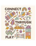 Play Spark Connect Through Play Boxy Tee featuring a playful design with colorful patterns including toys, geometric shapes, and whimsical illustrations on a cream background, ideal for casual wear.