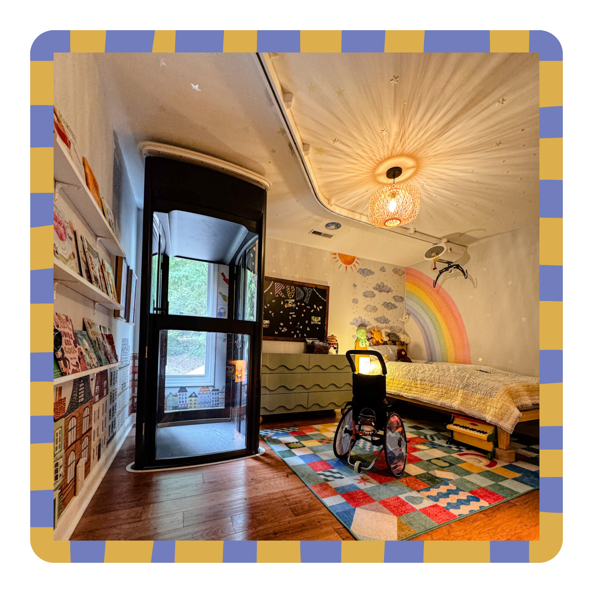 Children's room with a wheelchair, colorful rug, and rainbow decoration.