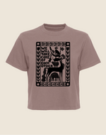 Brown t-shirt with black graphic design and text on a beige background