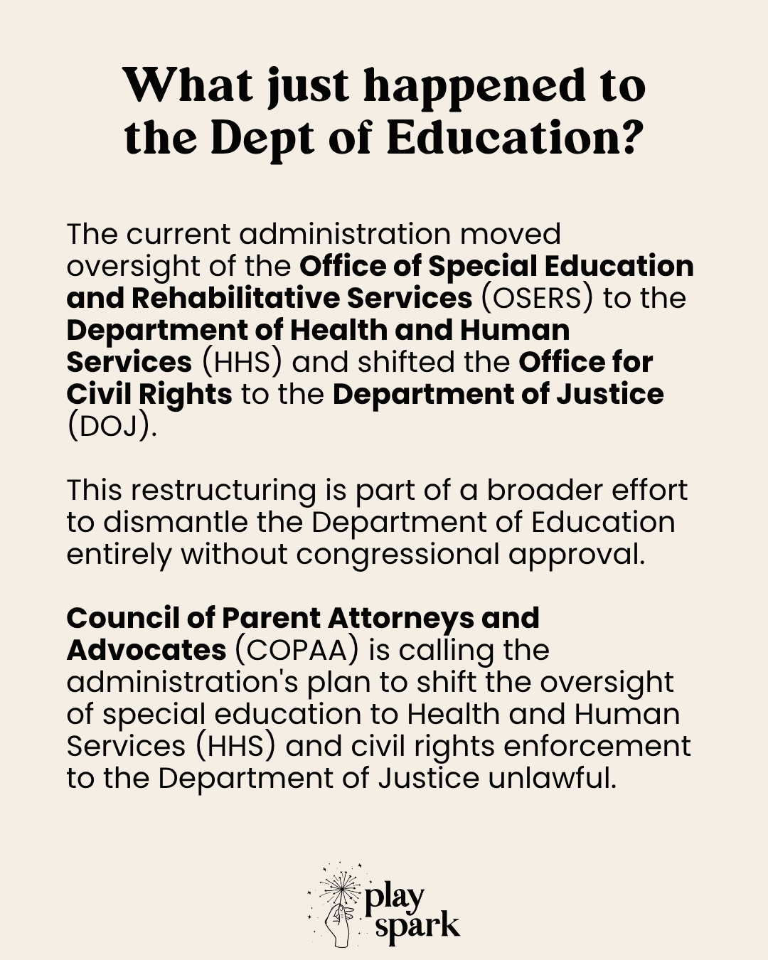 Text on a white background about the restructuring of the Department of Education and its implications.