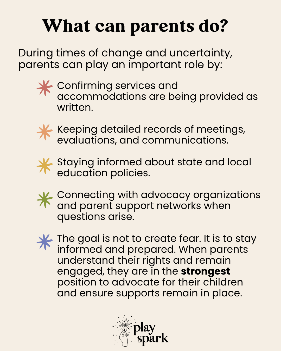 List of actions parents can take during times of change and uncertainty, with Play Spark logo at the bottom.