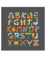 Play Spark Accessible ABCs Boxy Tee in a gray color, featuring colorful, whimsical letters of the alphabet designed with various elements, showcasing creativity and fun in a boxy fit.