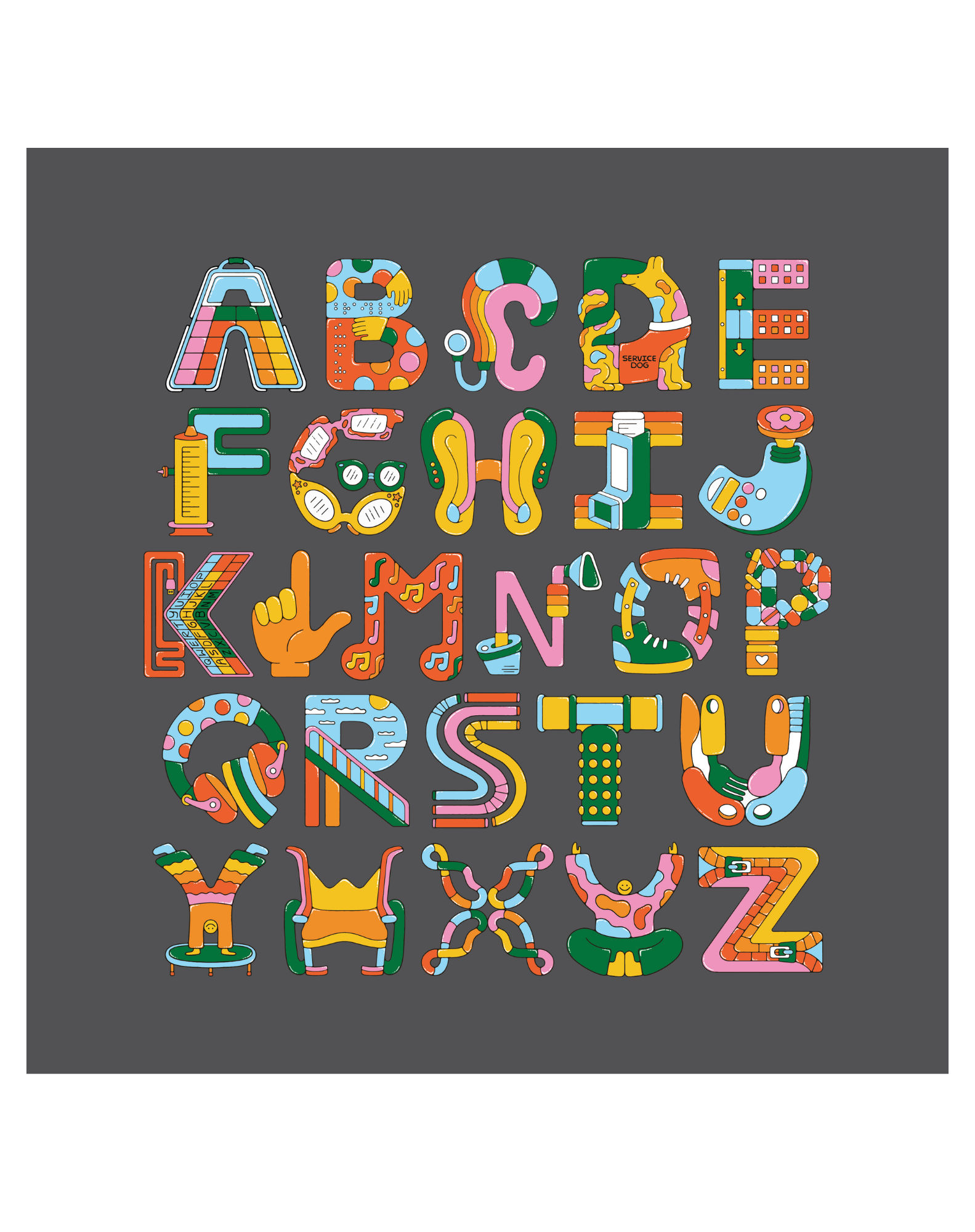 Play Spark Accessible ABCs Boxy Tee in a gray color, featuring colorful, whimsical letters of the alphabet designed with various elements, showcasing creativity and fun in a boxy fit.