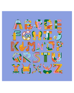 A colorful illustration of the English alphabet featuring decorative, stylized letters arranged in a grid. Each letter has unique patterns and designs, set against a light blue background.
