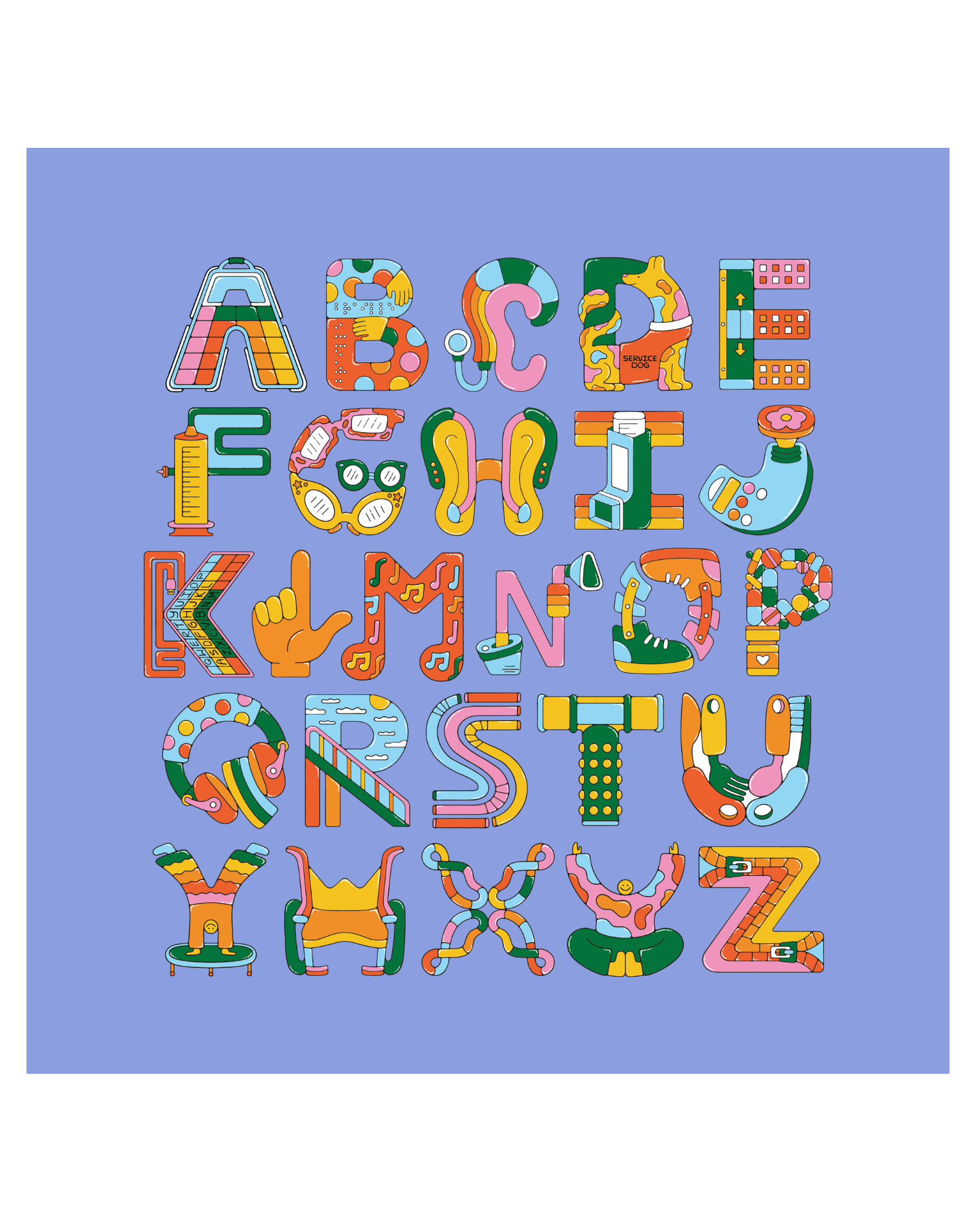 A colorful illustration of the English alphabet featuring decorative, stylized letters arranged in a grid. Each letter has unique patterns and designs, set against a light blue background.