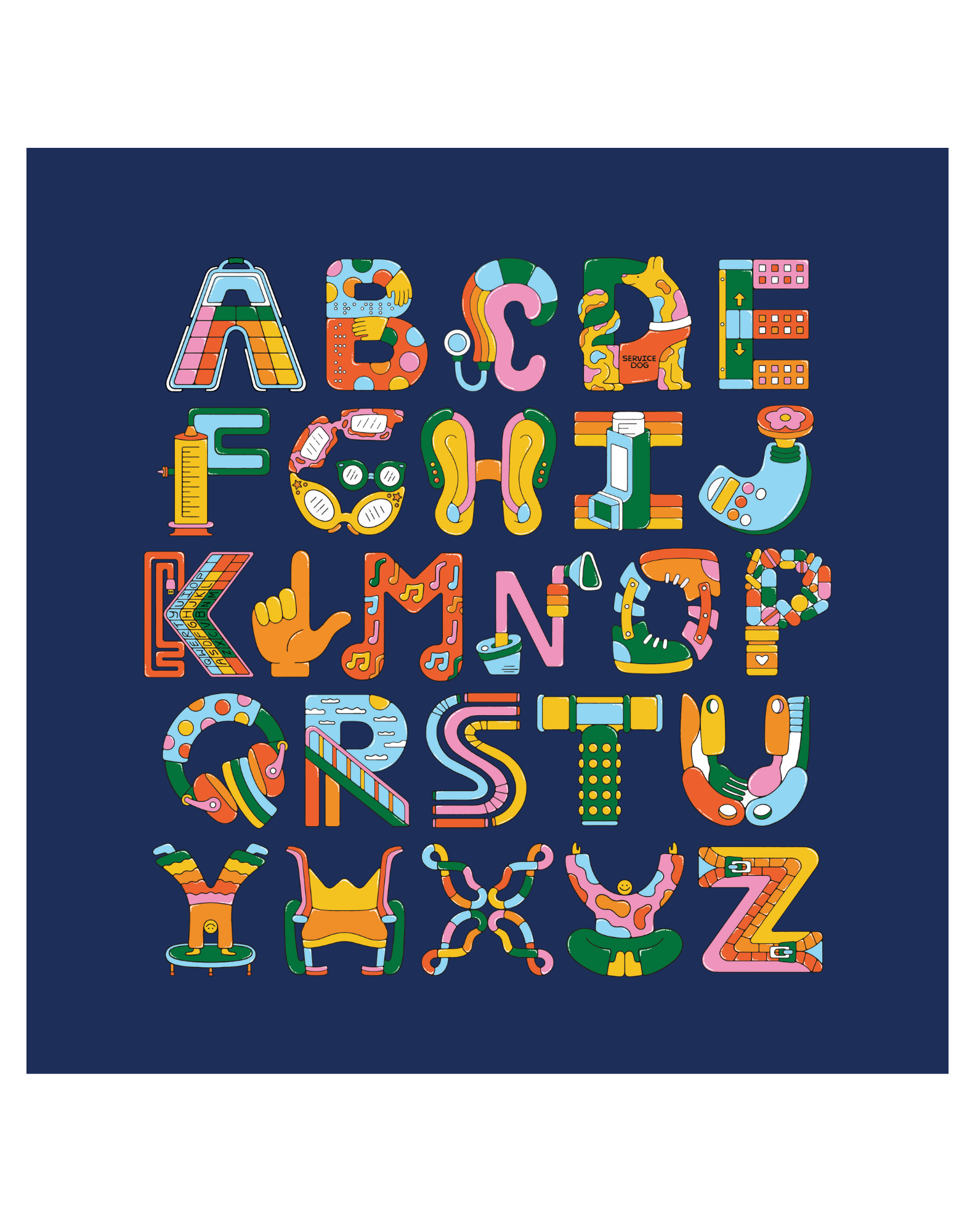 Play Spark Accessible ABCs Long Sleeve shirt featuring colorful, stylized letters A to Z, designed with various illustrations and patterns on a dark blue background.