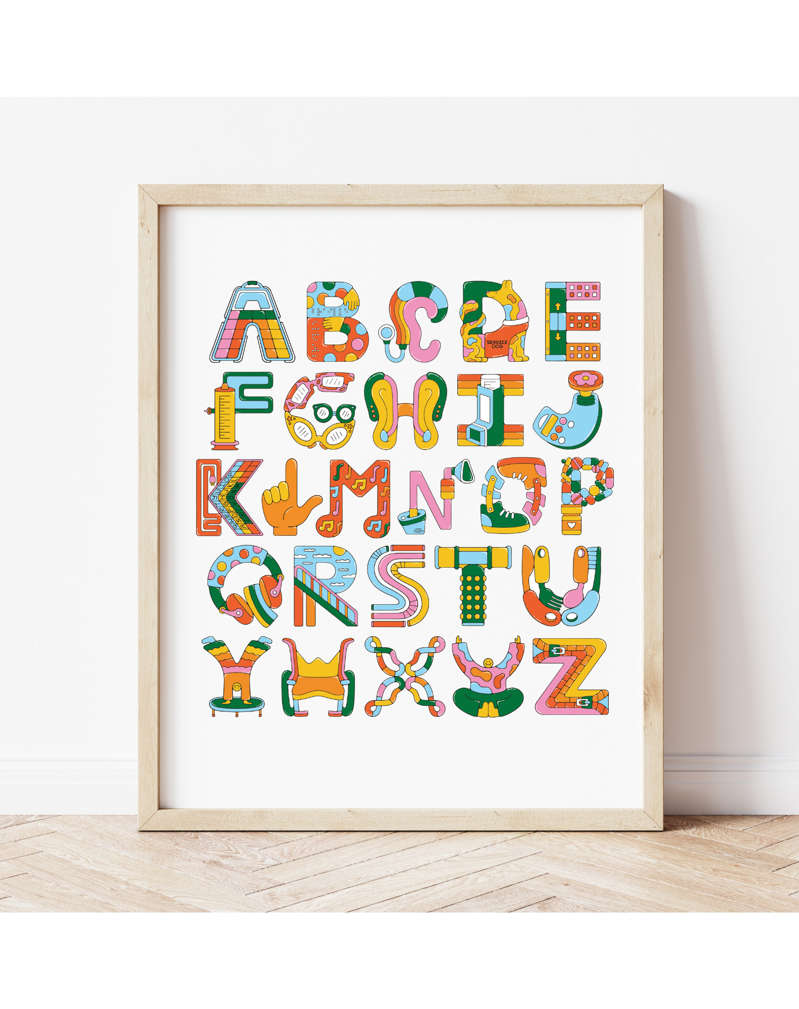 A colorful alphabet illustration featuring decorative letters A to Z in various styles and patterns. The letters are arranged in a grid format, each designed with unique colors and shapes, framed in a light wood frame against a white background.