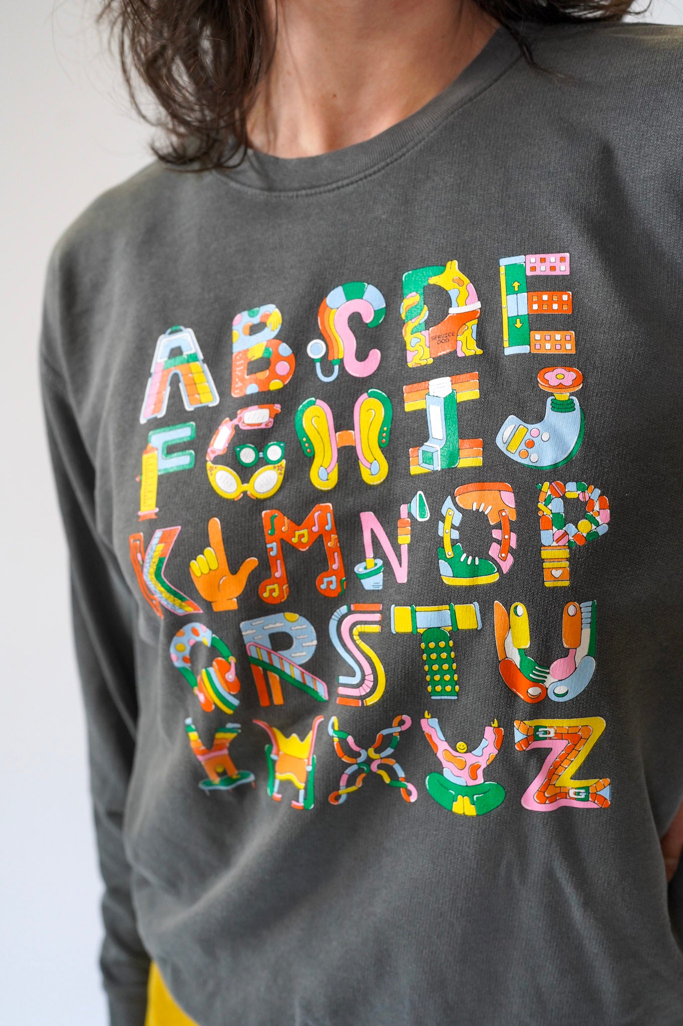 Gray sweatshirt with colorful alphabet letters on a plain background
