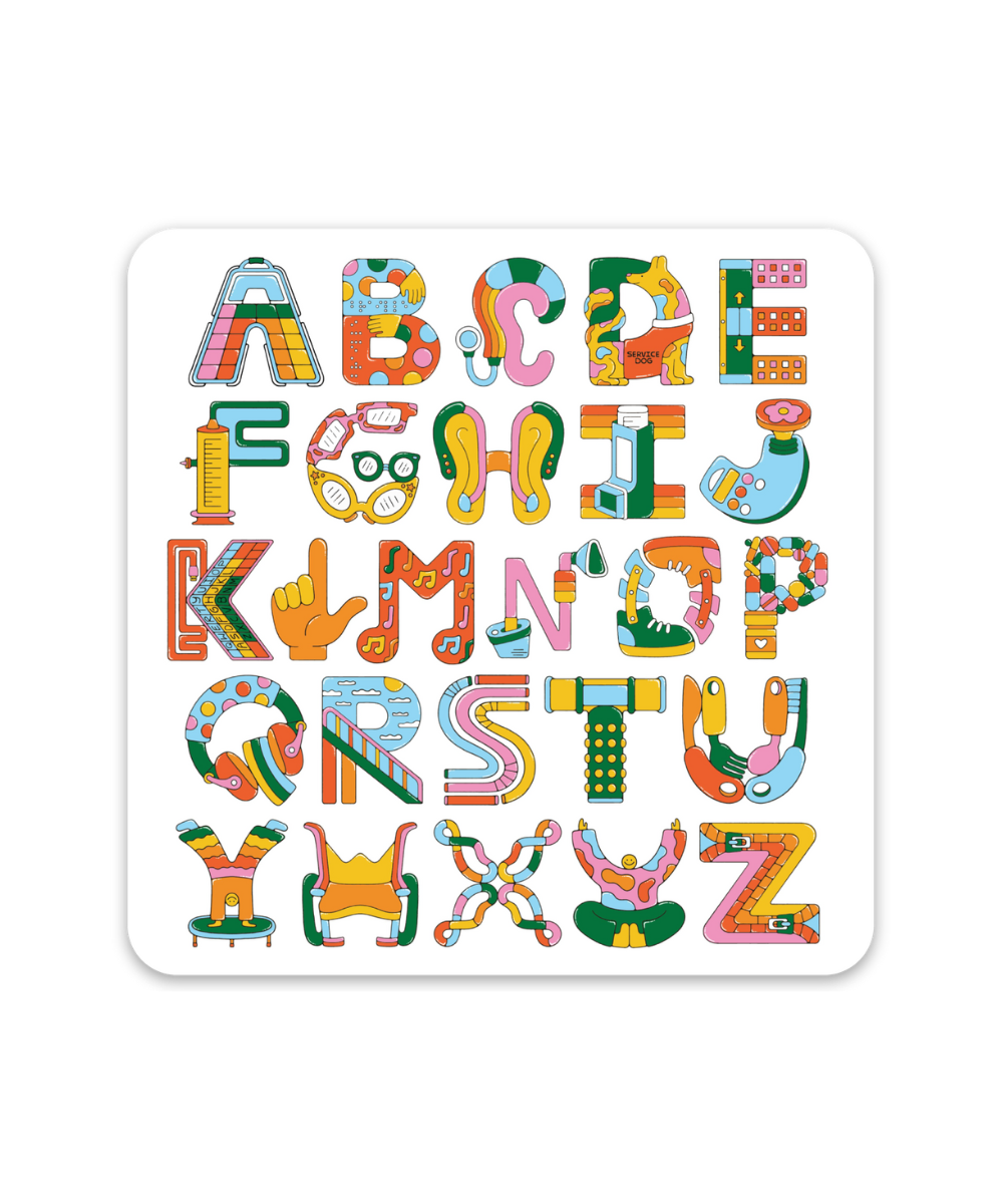 A sticker featuring an illustrated alphabet with each letter paired with an image of a disability-related assistive device or everyday tool.