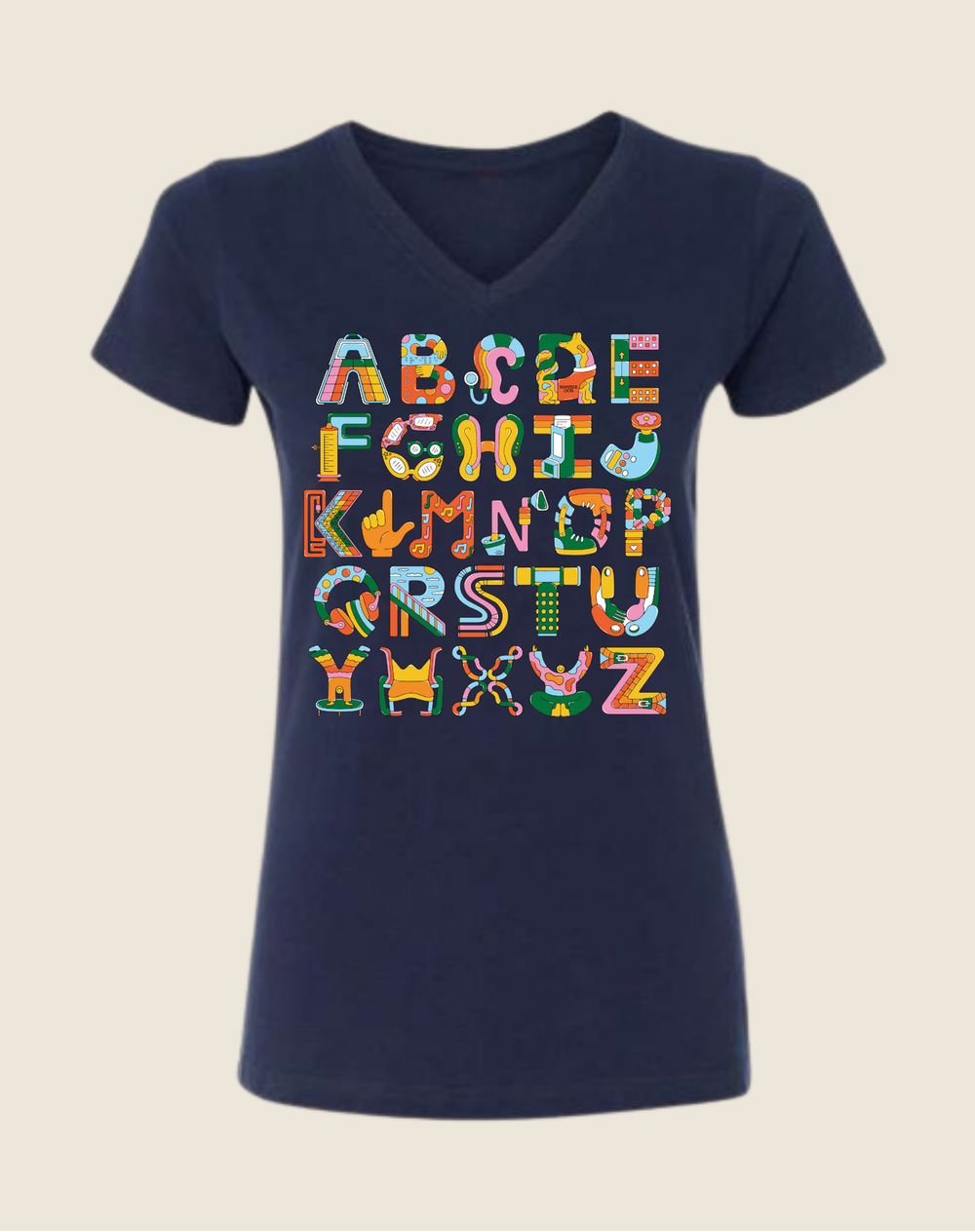 Navy blue t-shirt with colorful alphabet letters on a beige background