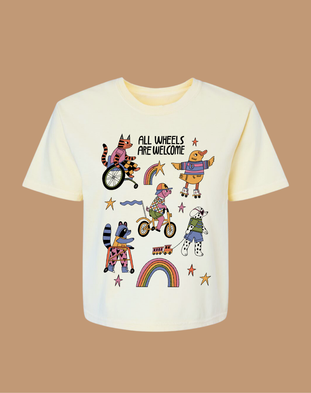 White t-shirt with colorful graphic design and text on a brown background