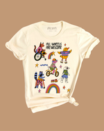 White t-shirt with colorful graphic design on a beige background