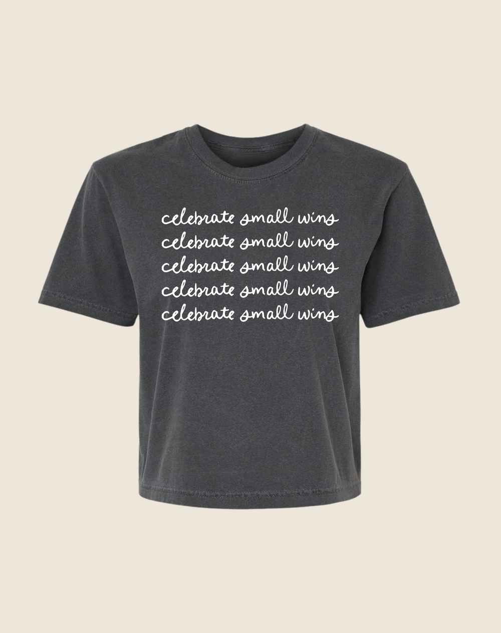 A gray t-shirt with the text 'celebrate small wins' printed in a repeating pattern across the front.