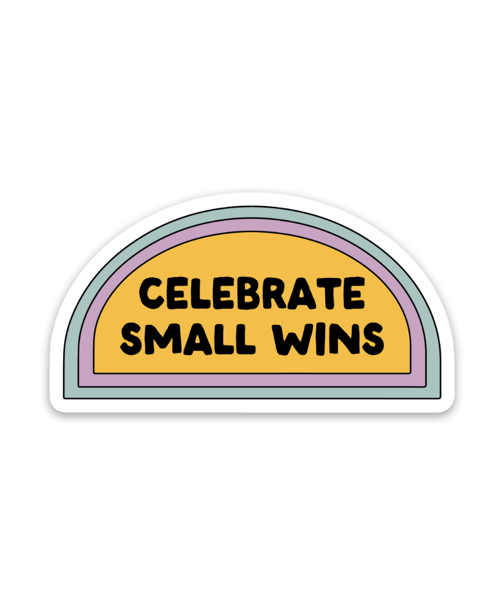 Play Spark Celebrate Small Wins Sticker in an arch shape features a golden-yellow background with the text "CELEBRATE SMALL WINS" in bold black typography, bordered by pastel purple and mint green outlines.