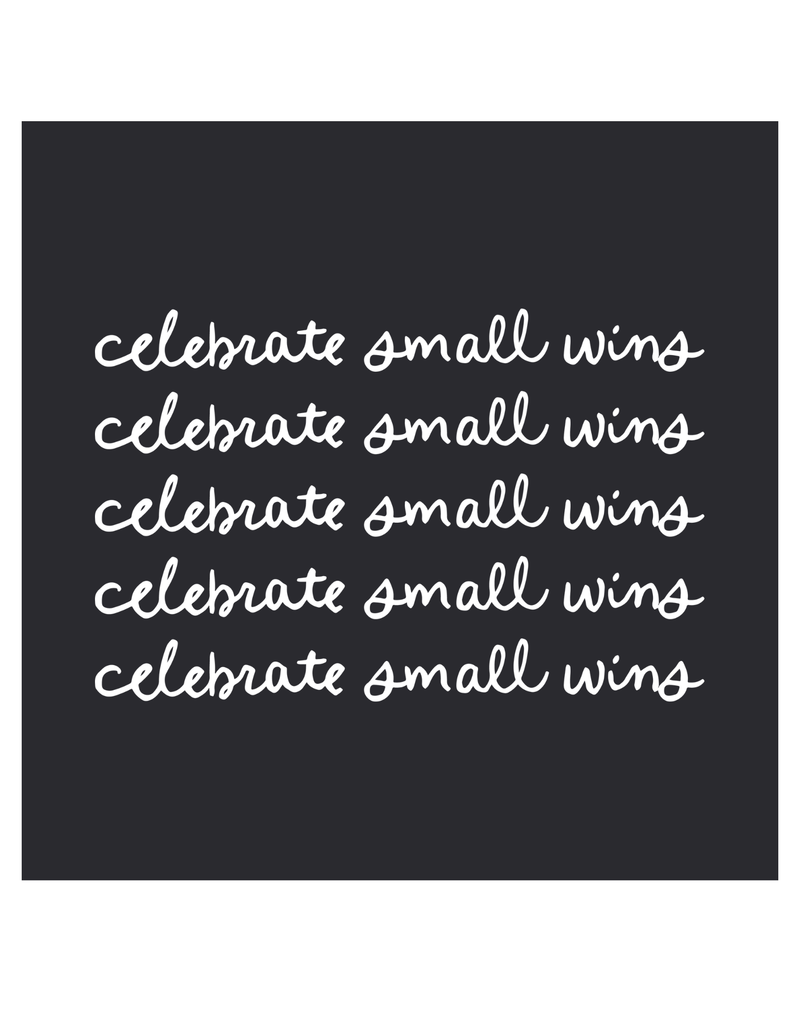Play Spark Celebrate Small Wins Tee in black, featuring repeated white text that says "celebrate small wins" in a handwritten style. The tee emphasizes a motivational message and presents a casual design.
