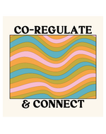 Play Spark Co-Regulate & Connect Tee featuring a colorful wave pattern in shades of blue, pink, and yellow, with the text 'CO-REGULATE & CONNECT' prominently displayed. The design is printed on a neutral background.