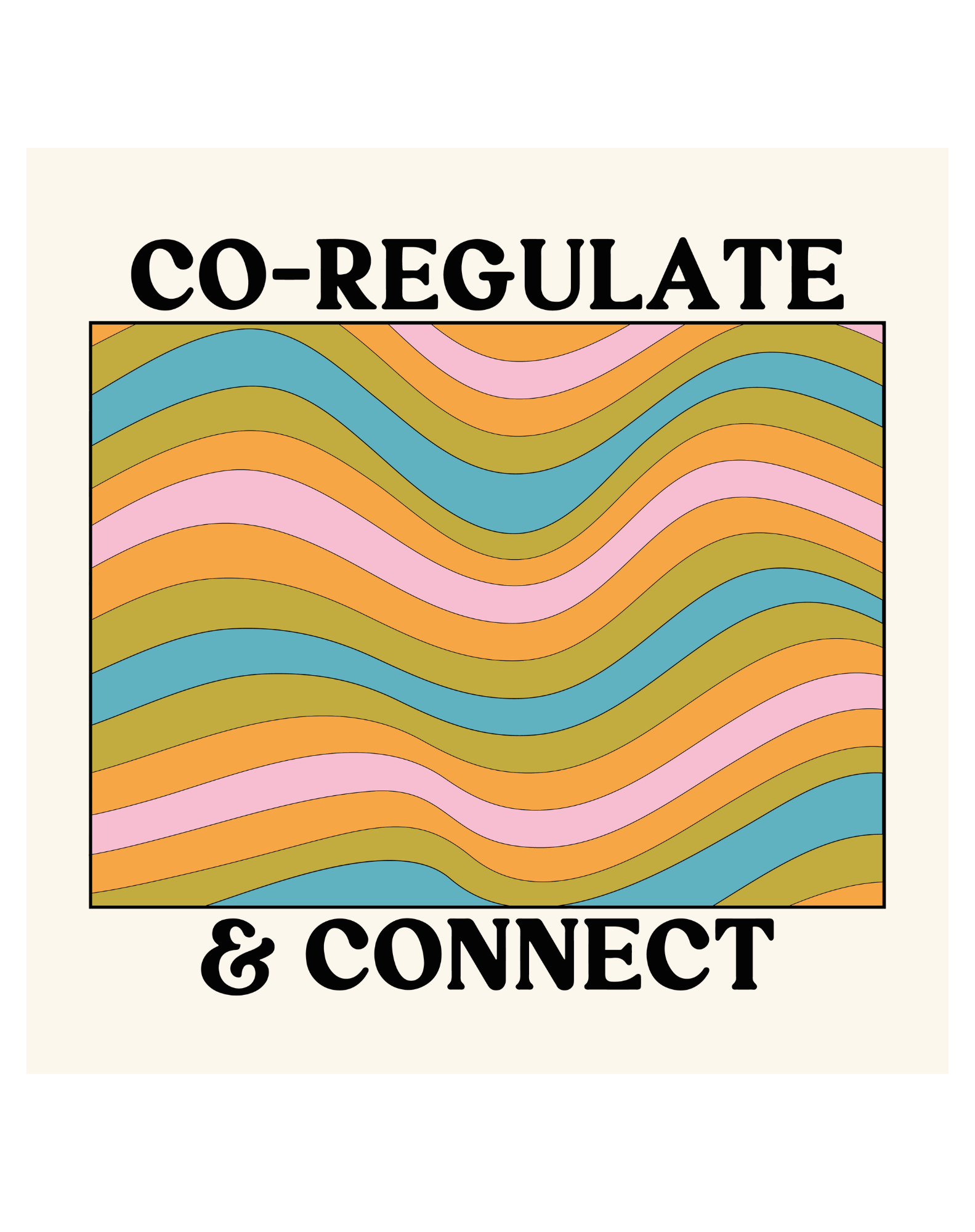 Play Spark Co-Regulate & Connect Tee featuring a colorful wave pattern in shades of blue, pink, and yellow, with the text 'CO-REGULATE & CONNECT' prominently displayed. The design is printed on a neutral background.