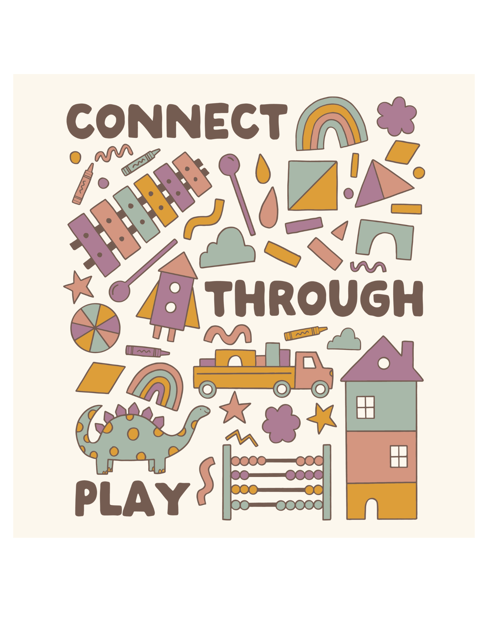 Play Spark Connect Through Play Boxy Tee featuring a playful design with colorful patterns including toys, geometric shapes, and whimsical illustrations on a cream background, ideal for casual wear.