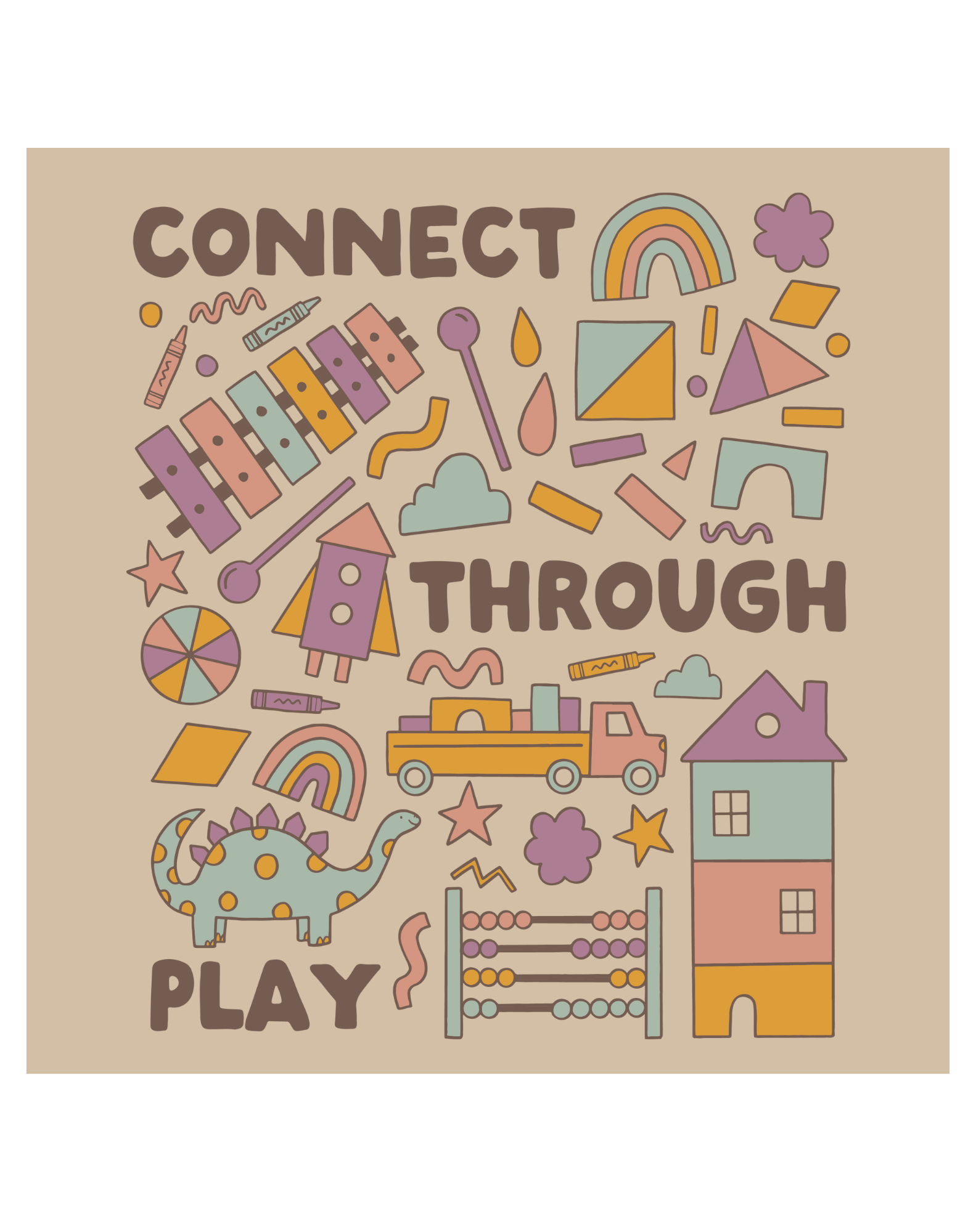 Play Spark Connect Through Play Tee featuring a playful, colorful design of toys and shapes on a beige background. The graphic includes a xylophone, rainbow, dinosaur, and more, promoting creativity in a fun aesthetic.