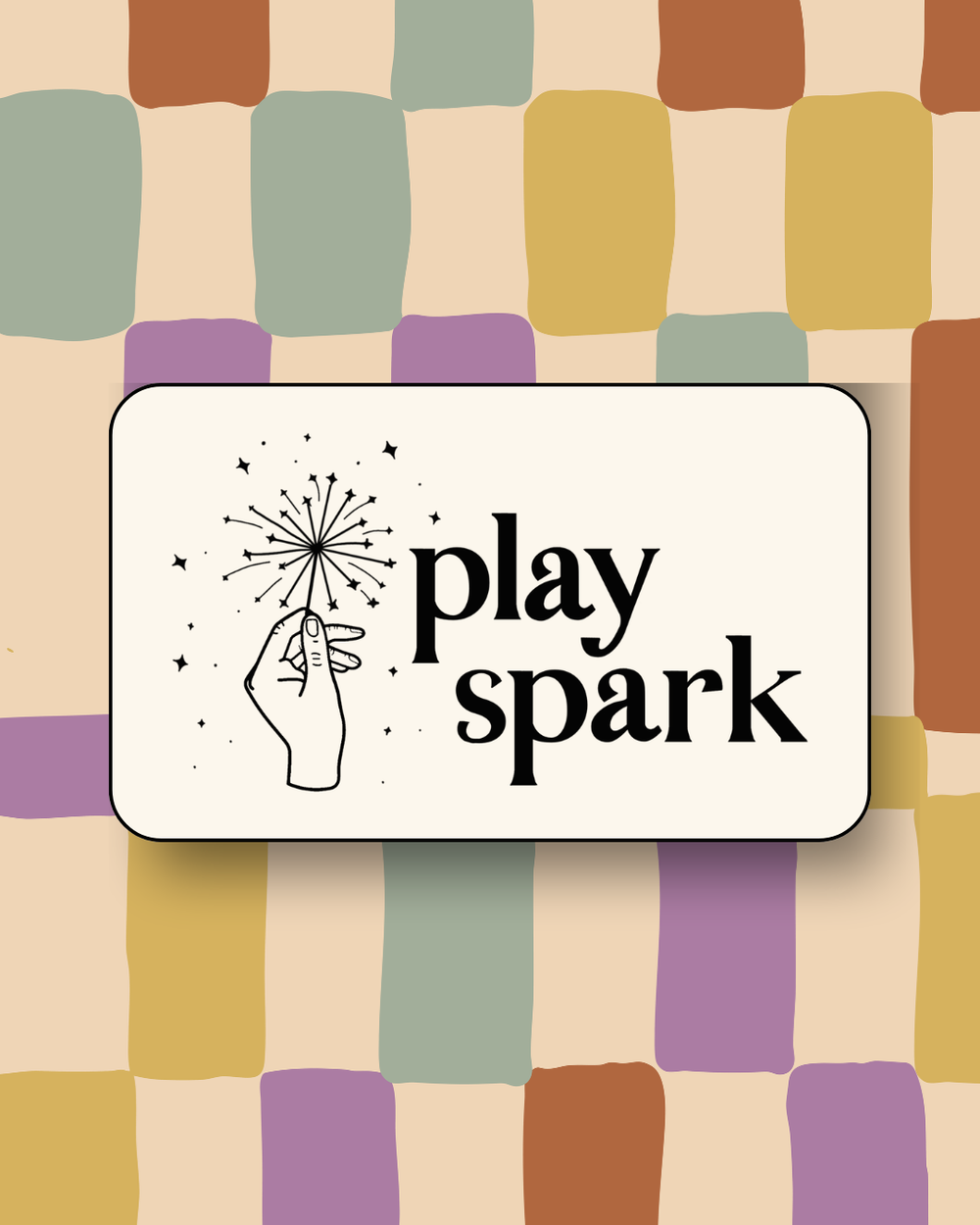 Card with 'play spark' text and logo on a colorful checkered background