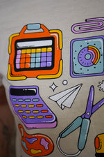 Colorful illustrations of a calculator, paper plane, scissors, and paper clips on a beige background.