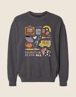 Gray sweatshirt with colorful educational graphics and 'Education is for All' text on a beige background