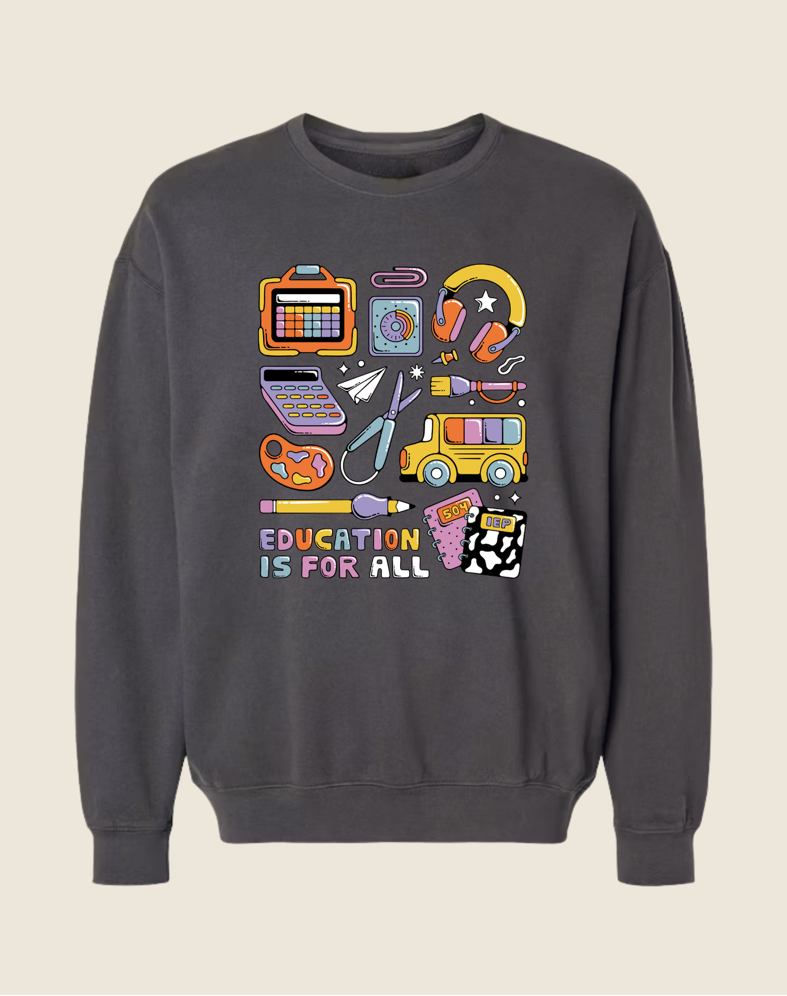 Gray sweatshirt with colorful educational graphics and 'Education is for All' text on a beige background
