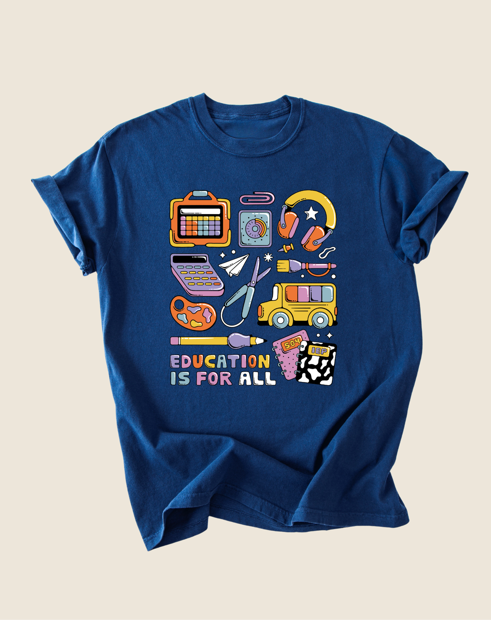 Blue t-shirt with educational-themed graphics and 'Education is for All' text on a beige background