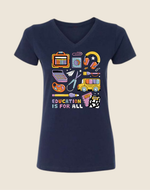 Navy blue t-shirt with colorful educational graphics and 'Education is for All' text on a beige background