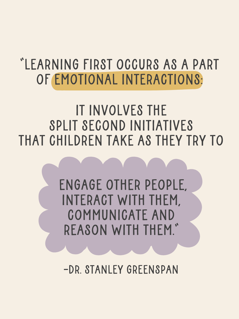 An illustrated quote by Dr. Stanley Greenspan stating, "Learning first occurs as a part of emotional interactions: it involves the split second initiatives that children take as they try to engage other people, interact with them, communicate and reason with them." The background is a soft beige with stylized text.