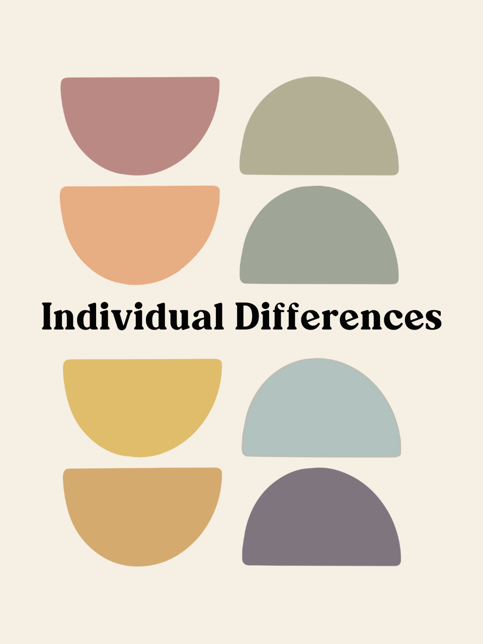 A design featuring six semicircular shapes in various colors, arranged in two columns. The colors include pink, orange, green, yellow, blue, and purple. The text "Individual Differences" is centered below the shapes in bold, black font on a light beige background.