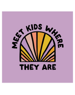 Play Spark Meet Kids Where They Are Boxy Tee in lavender color, featuring a colorful rainbow graphic and bold text. The tee has a relaxed, boxy fit, suitable for casual wear.