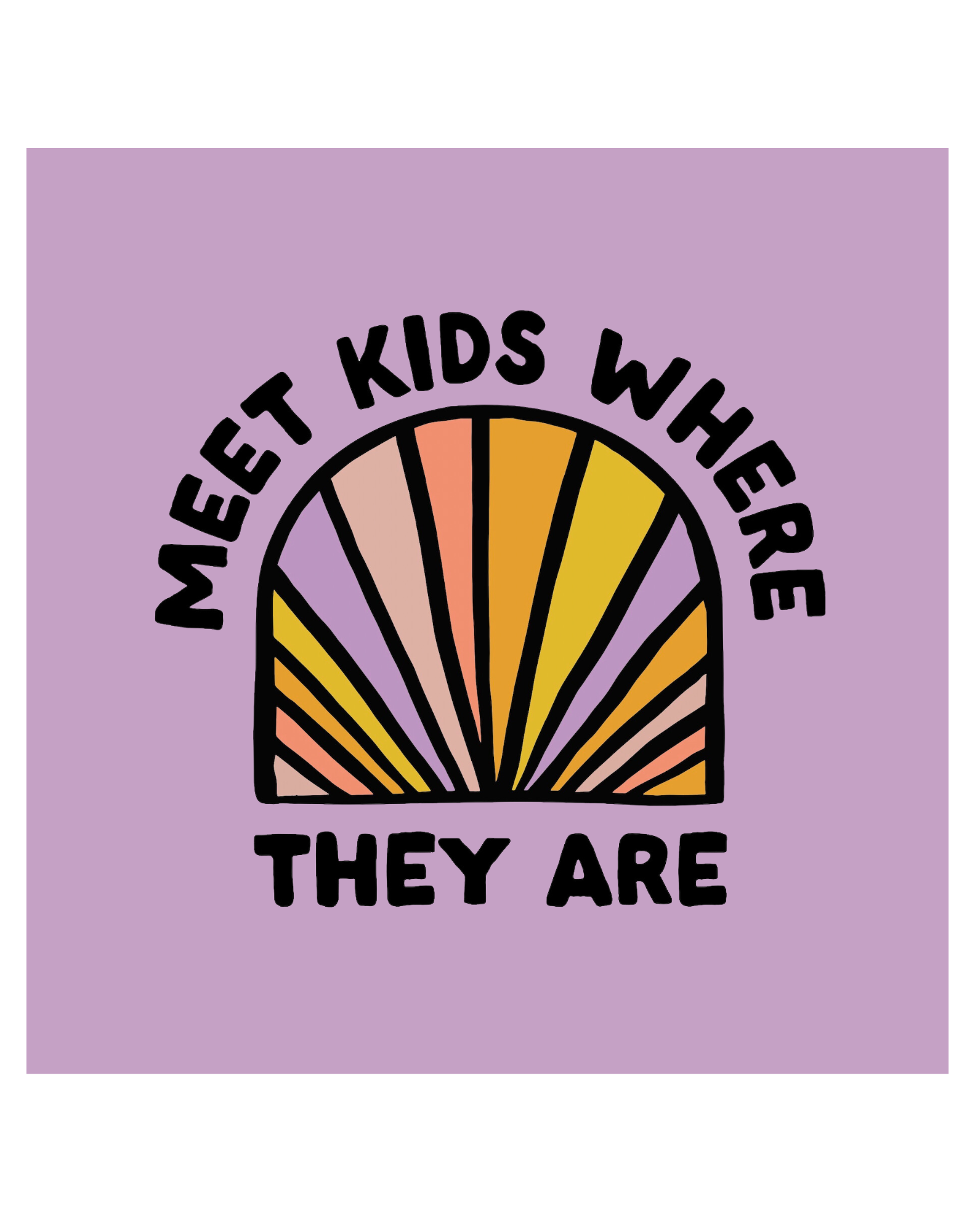 Play Spark Meet Kids Where They Are Boxy Tee in lavender color, featuring a colorful rainbow graphic and bold text. The tee has a relaxed, boxy fit, suitable for casual wear.