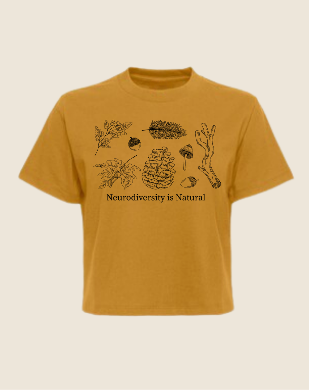 Mustard yellow t-shirt with nature-themed designs and 'Neurodiversity is Natural' text on a beige background