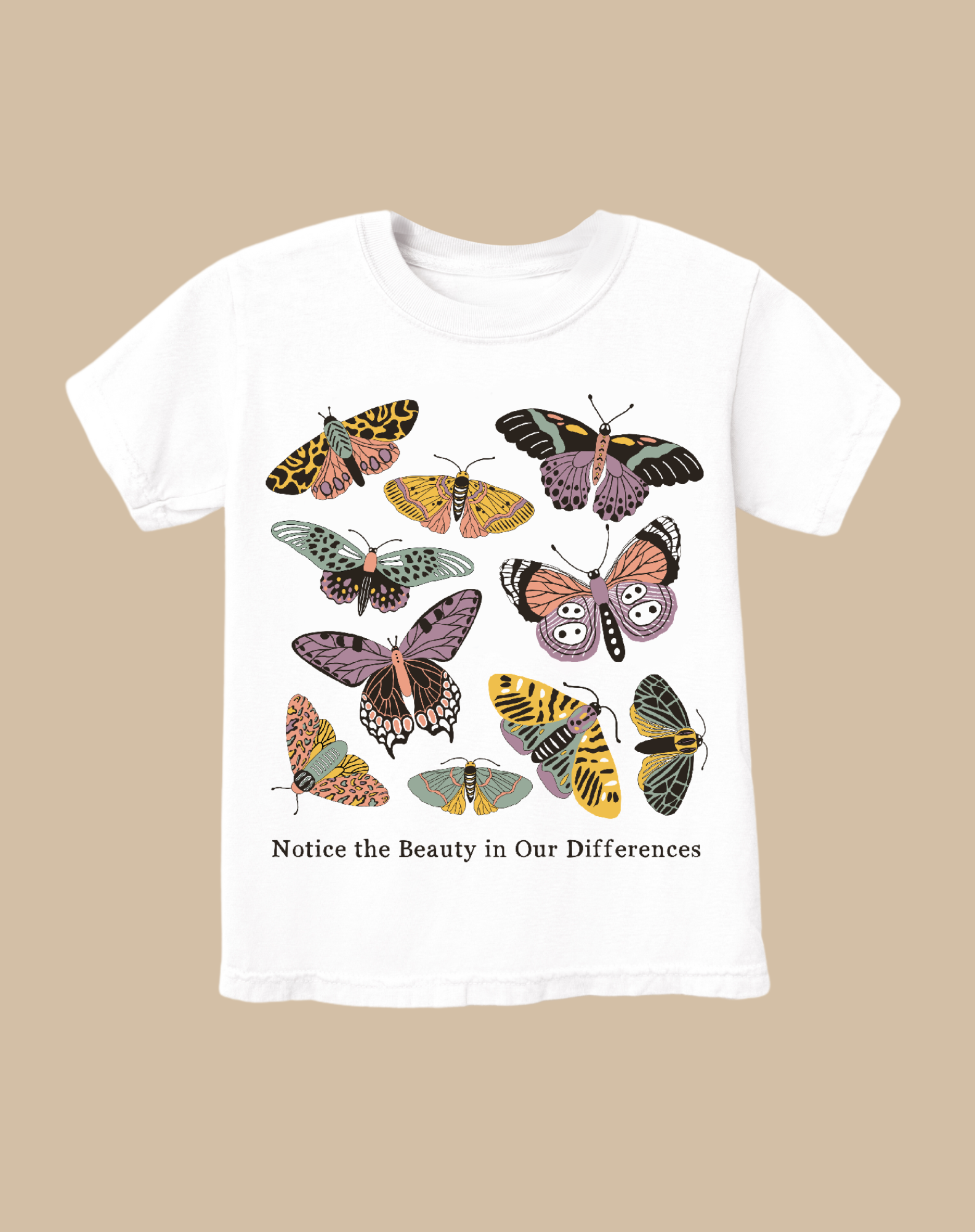 Play Spark Notice The Beauty In Our Differences Children's Tee in white, featuring a colorful butterfly graphic design with the text "Notice the Beauty in Our Differences" printed below. Ideal for casual wear.