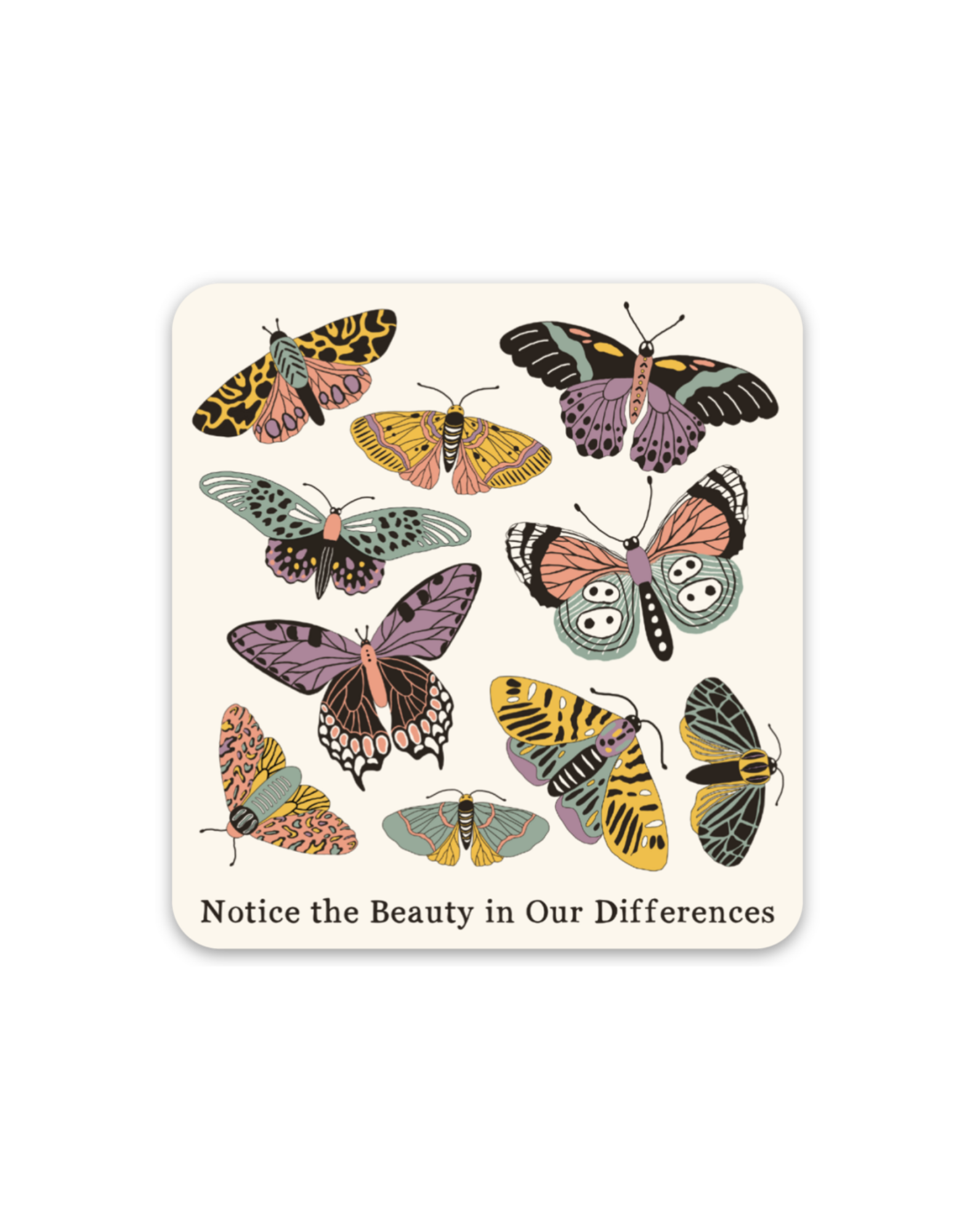 Play Spark Notice The Beauty In Our Differences sticker featuring an array of colorful butterflies in various patterns and sizes on a light background, with text at the bottom emphasizing the theme of appreciating differences.