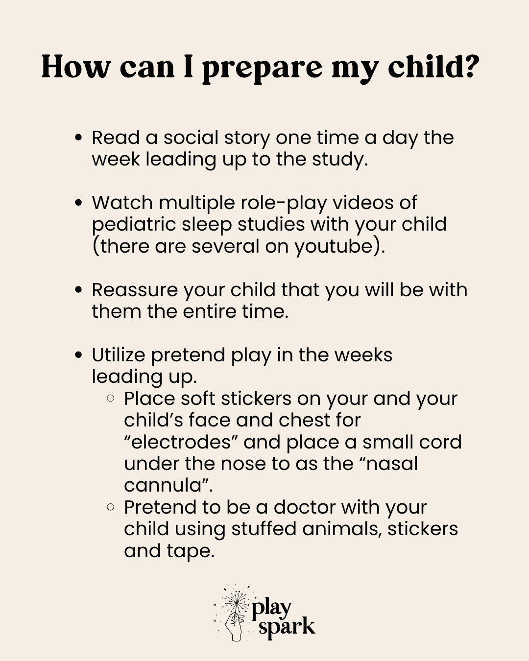 Text list of tips for preparing a child for a study, with 'Play Spark' logo at the bottom.