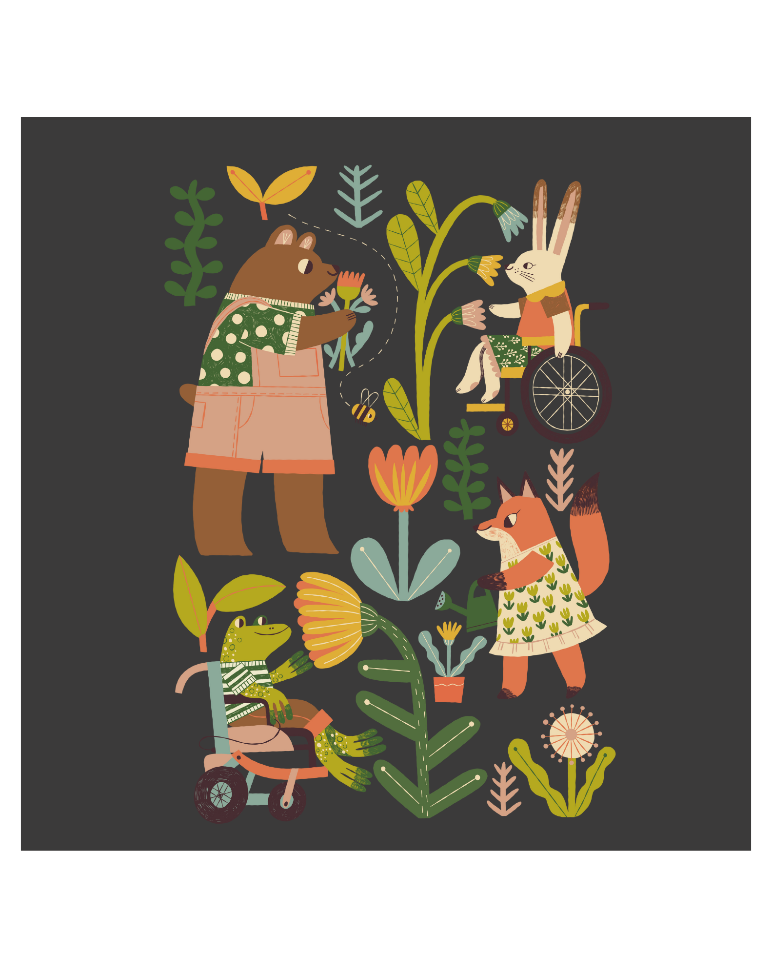 Play Spark We Grow Together Boxy Tee featuring a whimsical design of animals, including a bear, rabbit, and fox in a garden, with flowers and plants against a dark background. The tee showcases vibrant colors and playful illustrations.