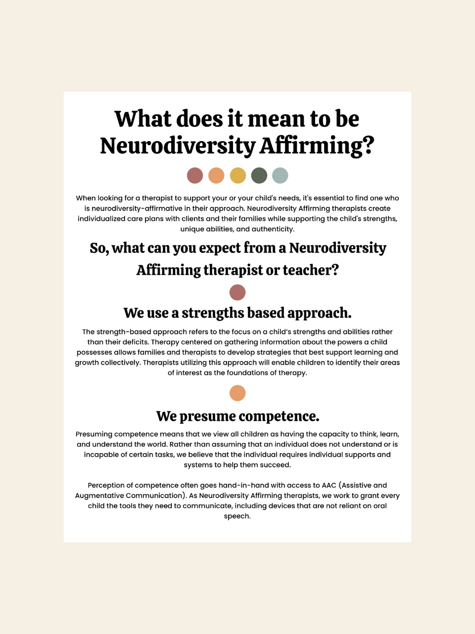 A handout titled 'What does it mean to be Neurodiversity Affirming?' with text that defines the term and discusses its implications for therapists, teachers, and parents.