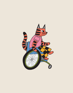 Illustration of a cat riding a wheelchair on a beige background
