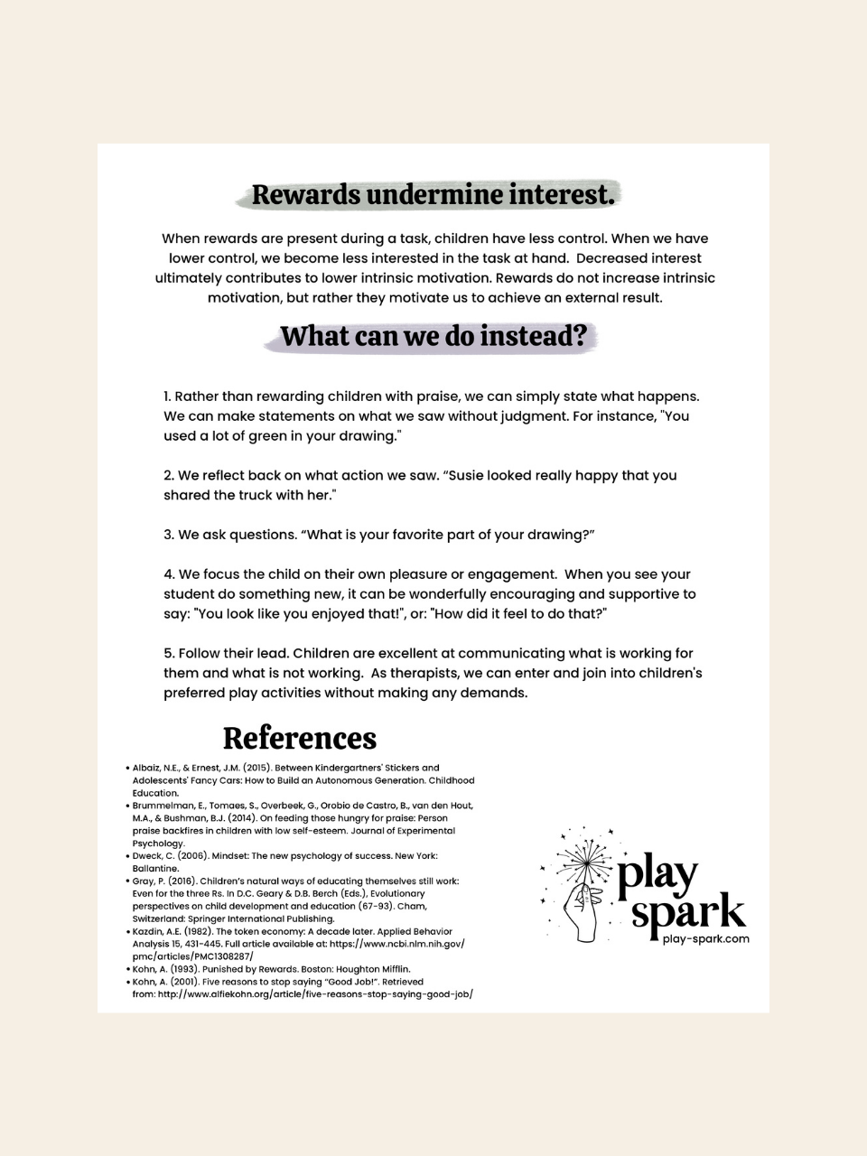 An educational handout with the title 'Why we stopped using compliance based rewards in our therapy practice' containing text that discusses the reasons behind changing the reward system in therapy, highlighting potential negative impacts.