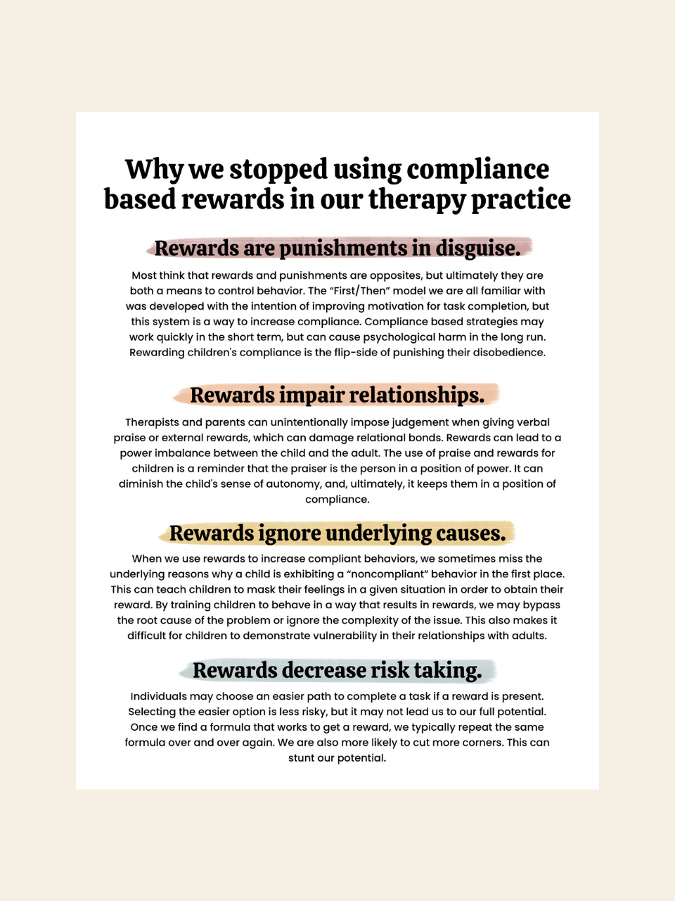 An educational handout with the title 'Why we stopped using compliance based rewards in our therapy practice' containing text that discusses the reasons behind changing the reward system in therapy, highlighting potential negative impacts.